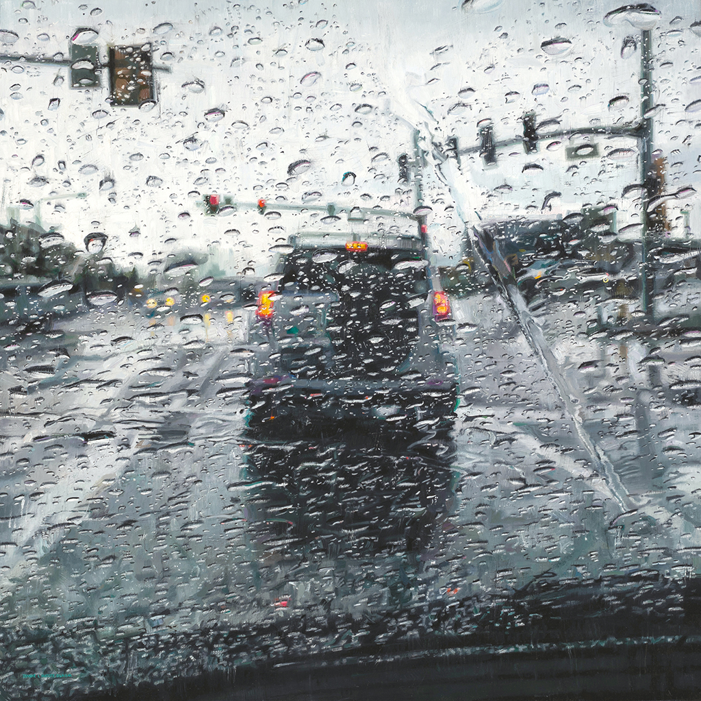Rain on Windshield: Red Light, 30x30, oil on panel by Dianne Massey Dunbar